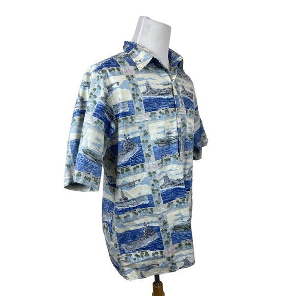 Vintage Reyn Sooner Men's Hawaiian Style WWII & Sea Design Blue Shirt Sz XL - Picture 2 of 7